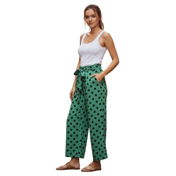 Halogen Wide Leg Green Black Polka Dot Paperbag Pants Size L - Picture 1 of 7